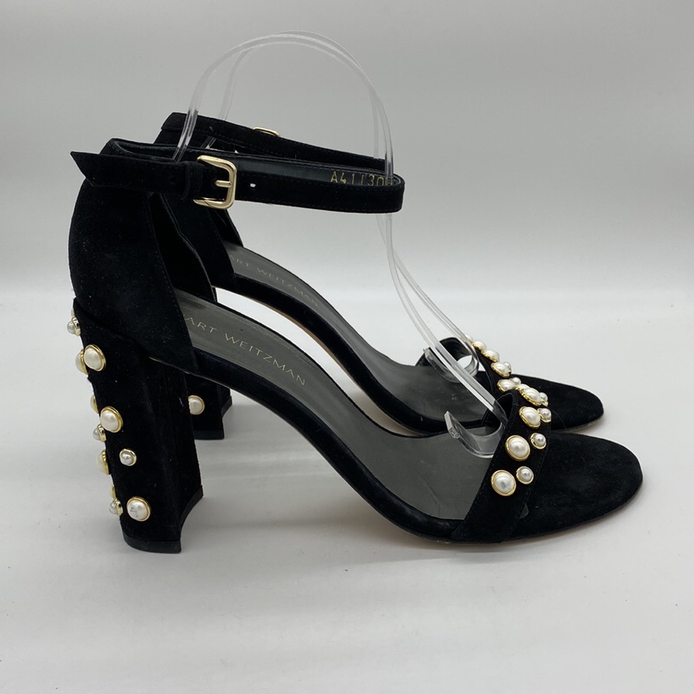 Stuart Weitzman Morepearls Pearls Black Block Heels Ankle Strap Womens Size 11